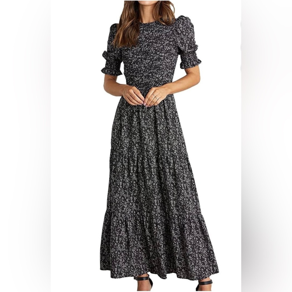 BTFBM Smocked Boho Dress Floral Print Ruffle Short Sleeve Flowy Maxi Dress XL